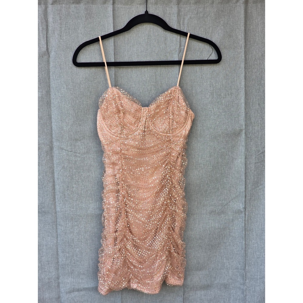 Hello Molly Nude Gold Glitter Ruched Bustier Mini Dress DE2004 US 4 S